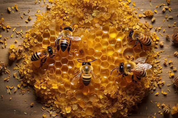 Bee honey and pollen grains Top view