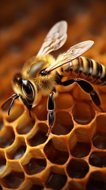 Bee on honeycomb background with copy space