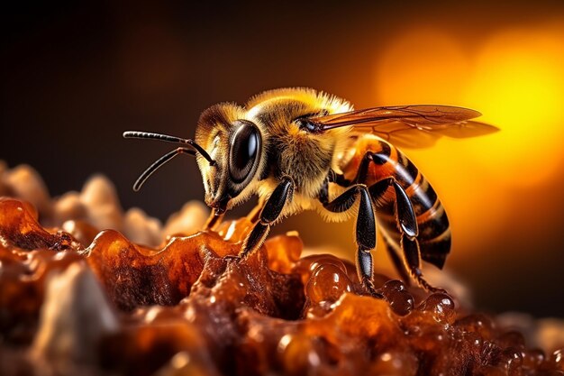 Bee on honeycomb closeup view macro insects nature