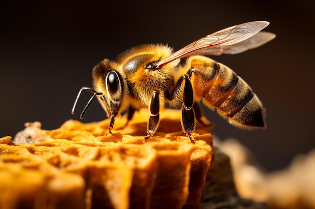 Bee on honeycomb closeup view macro insects nature