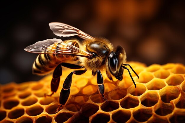Bee on honeycomb closeup view macro insects nature