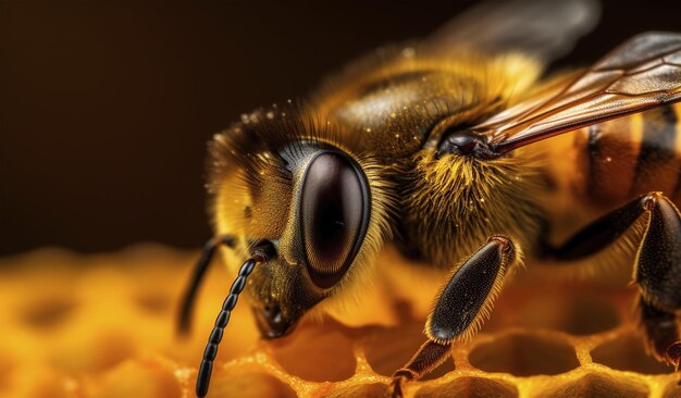 Photo bee on honeycomb macro view created by generative ai