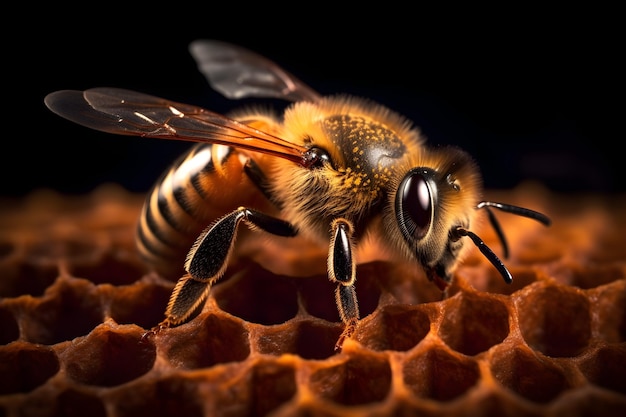 A bee on a honeycomb with a black background