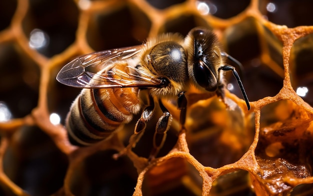 A bee on a honeycomb with the word honey on it