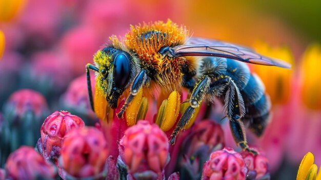 Photo a bee immersed in the heart of a bloom ai generative