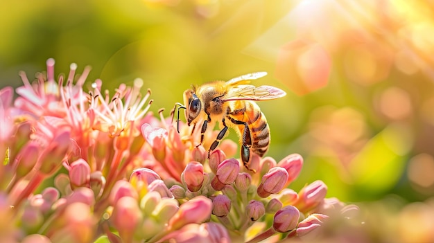 蜂が飛んで花の花から花蜜を食べる バナー背景デザイン