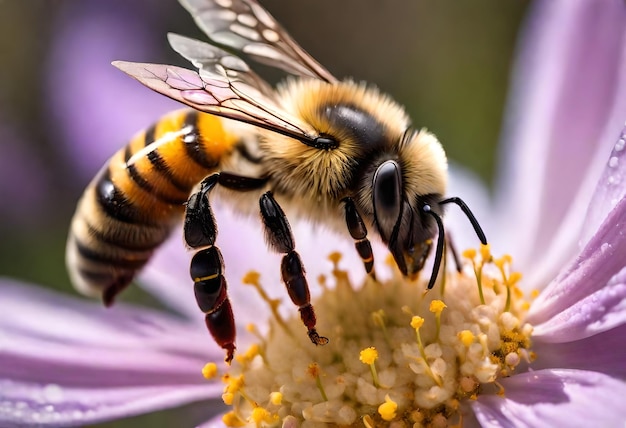 a bee is about to take off a flower