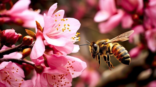 A bee is attentively focused while flying near a lovely pink blossom in a Hong Kong garden