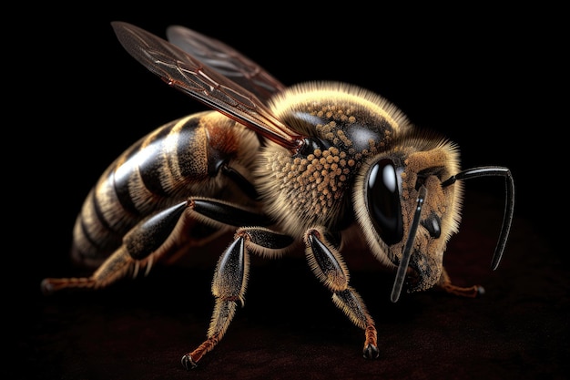 A bee is on a dark background with a black background.