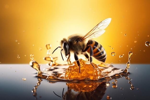 A bee is drinking from a honeycomb.