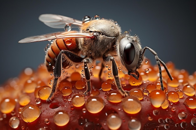 A bee is eating a honeycomb with water drops.