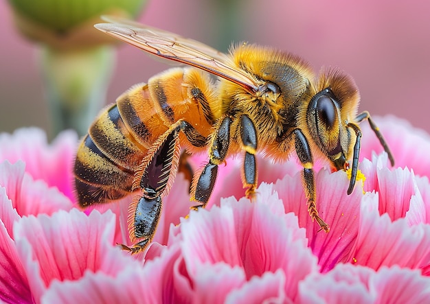 Photo a bee is eating a pink flower that has a yellow center