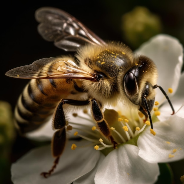 A bee is on a flower with a black background.