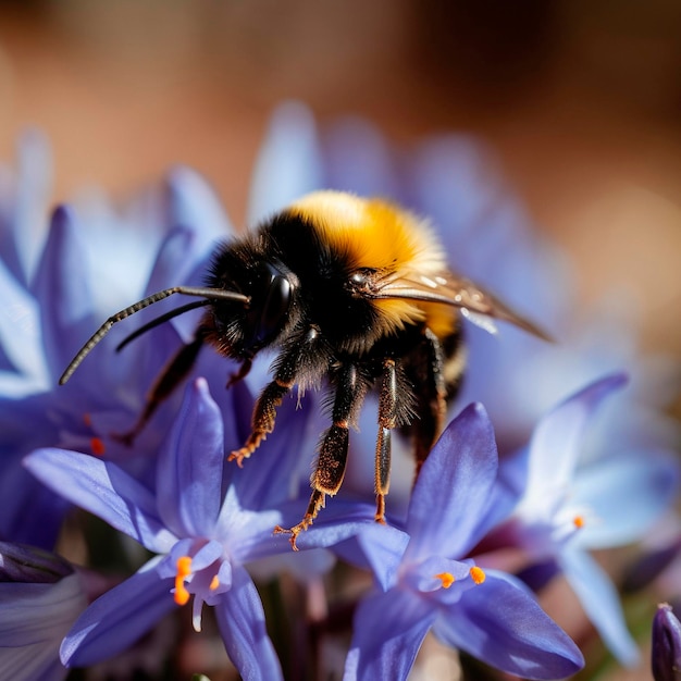 A bee is on a flower with a blue flower.