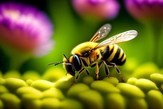 A bee is on a flower with a green background.