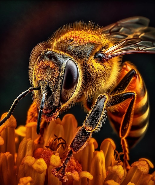 A bee is on a flower with a yellow background.