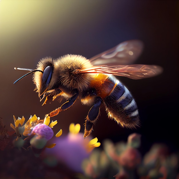 벌 한 마리가 전경에 보라색 꽃이 있는 꽃 근처를 날고 있습니다.