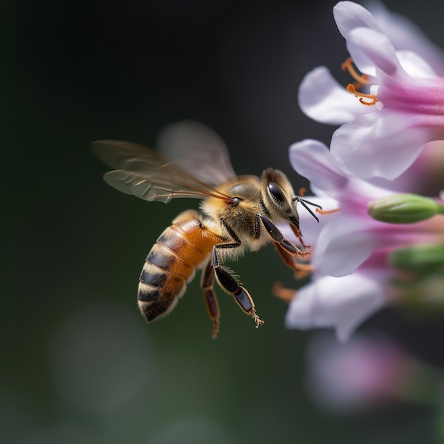 A bee is flying near a flower and the word " bee " is on the back of it.