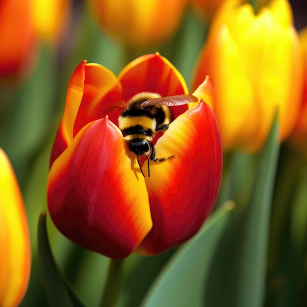 A bee is inside a tulip with a yellow stripe.