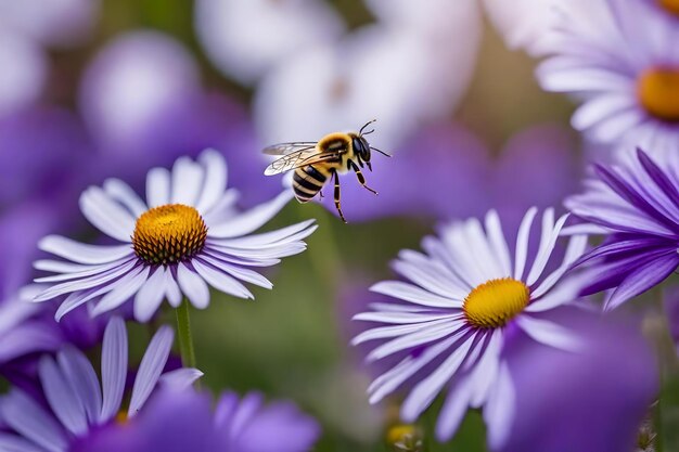 A bee is on a purple flower with the number 3 on it