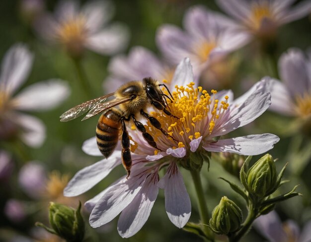 a bee is on a purple flower with a yellow flower in the background