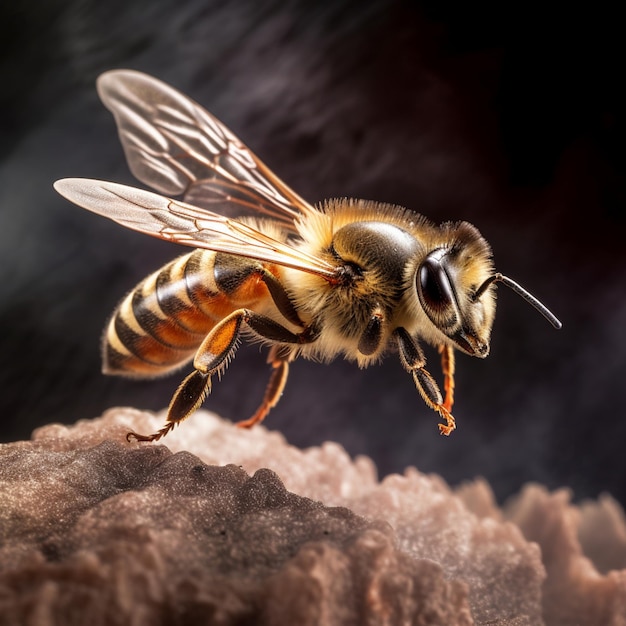 A bee is on a rock with a black background.