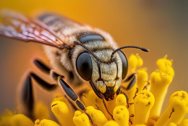 A bee is seen in a macro image gathering pollen from a yellow blossom