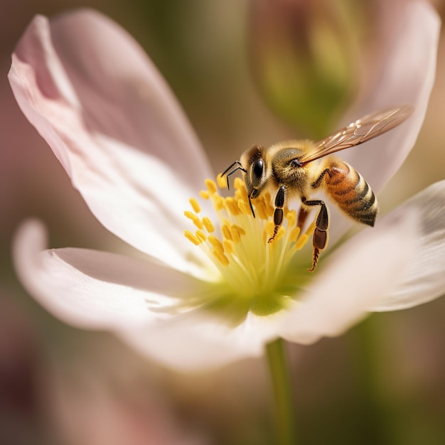 A bee is sitting on a flower with the word honey on it.