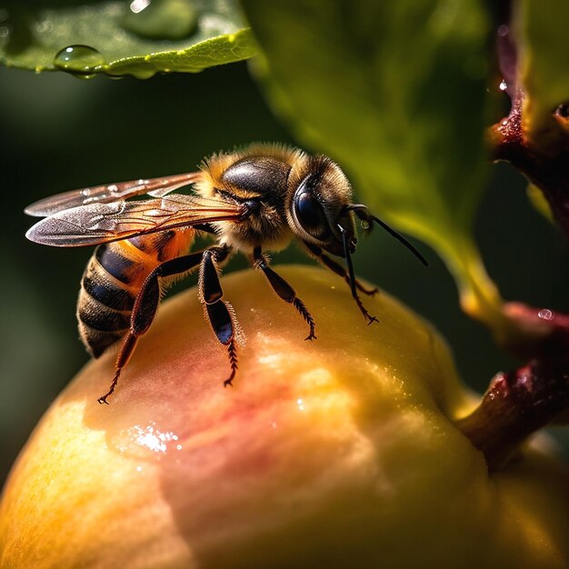 A bee is sitting on a peach and has a large black eye.