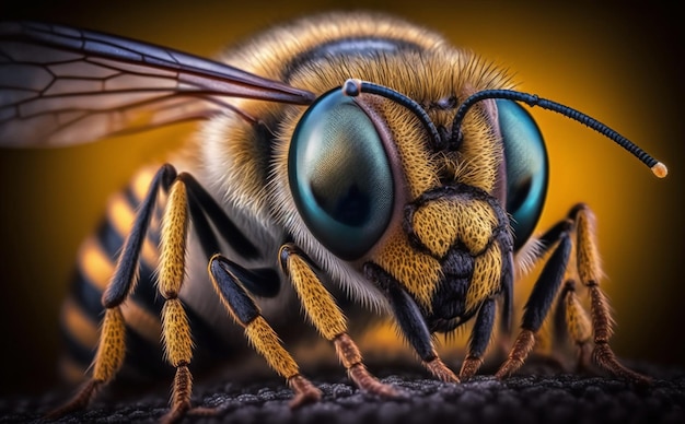 A bee is sitting on a piece of fabric with a yellow background.