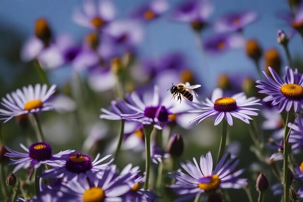 A bee is sitting on a purple flower.