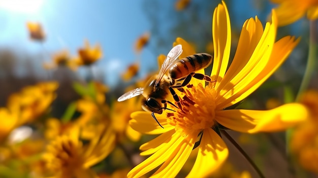 a bee is sitting on a yellow flower