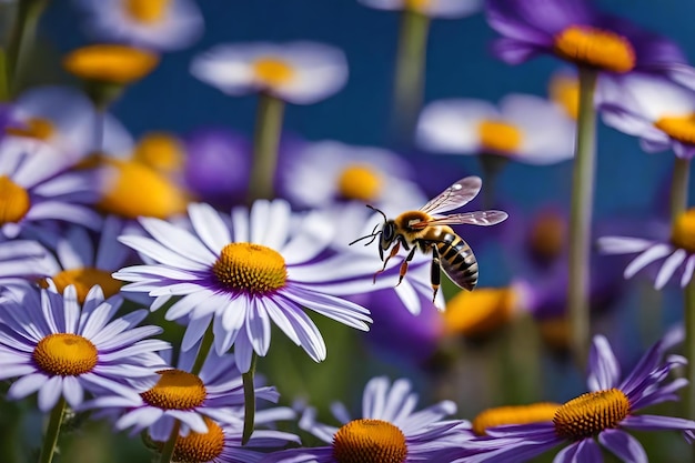 A bee is surrounded by flowers and the bee is about to fly.