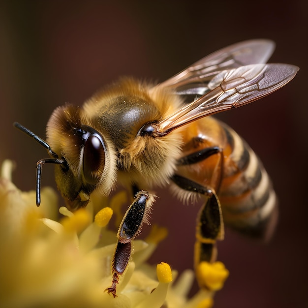 A bee is on a yellow flower with the word honey on it.