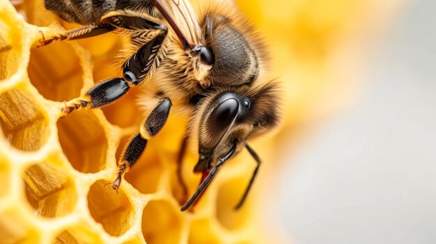 A bee is on a yellow honeycomb