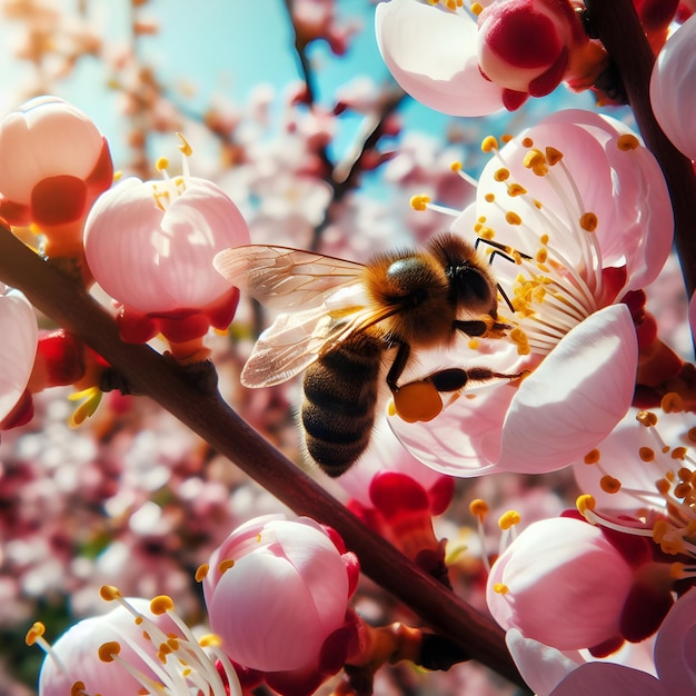 Photo the bee lazily buzzes among blossoms intoxicated by summers sweetness a serene scene of natures