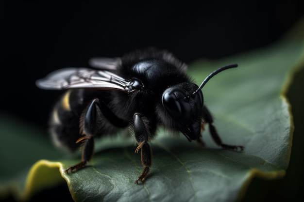 A bee on a leaf with a black background