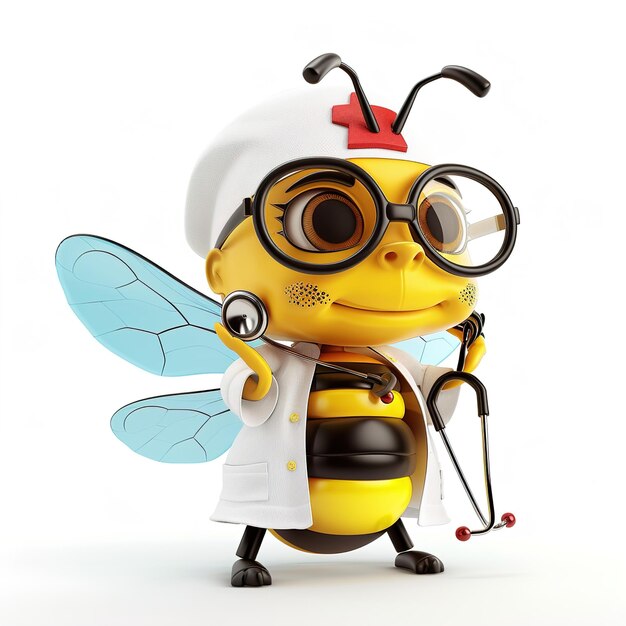 a bee mascot with a stethoscope on his head