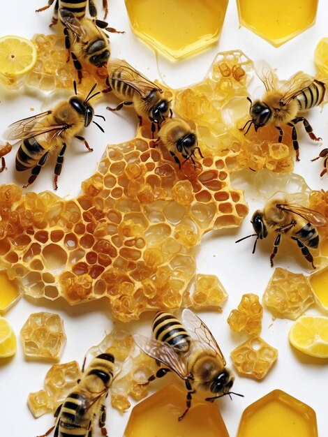 Photo bee and melted honey on hexagon hives