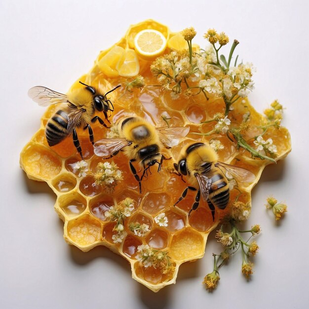 Photo bee and melted honey on hexagon hives