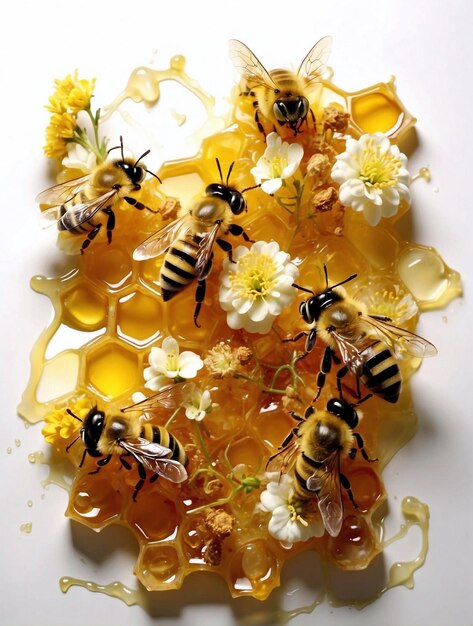 Photo bee and melted honey on hexagon hives