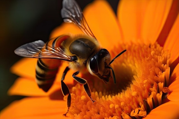 写真 オレンジ色の花の上にいるミツバチ
