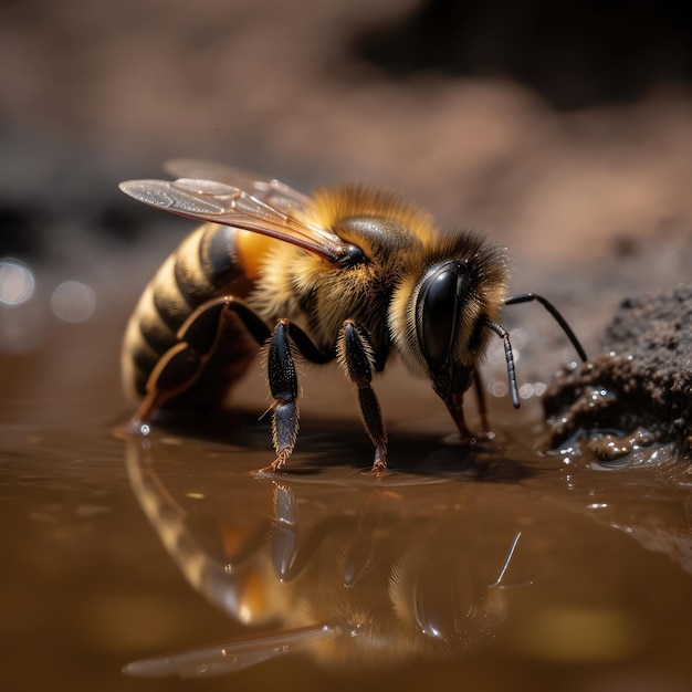 Bee photography A bee is drinking water from a puddle generative ai