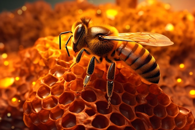 A bee on a piece of honeycomb with the word honey on it.