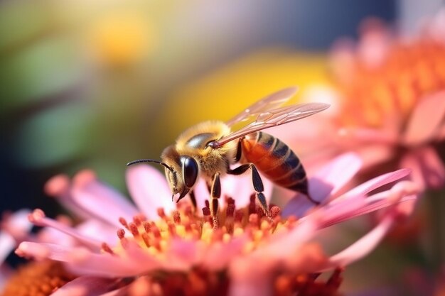 Bee on pink flower Macro photo Shallow depth of field