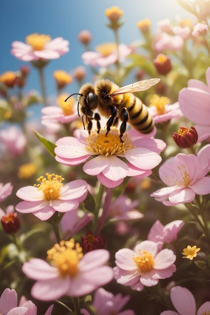 bee on a pink flower in spring Bees buzzing around a burst of blossoming for pollination