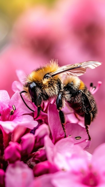 Foto un'ape su un fiore rosa con alcuni fiori viola ai
