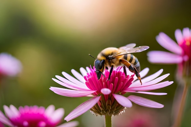 A bee on a pink flower with the word bee on it