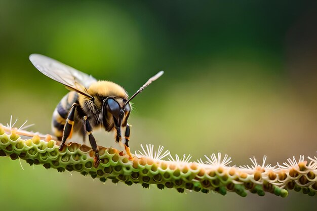 Photo a bee on a plant with a green background