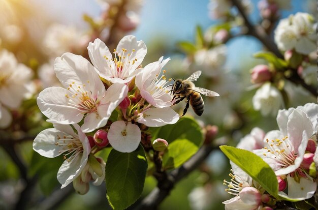 Bee Pollinating Apple Blossom Orchard Scene